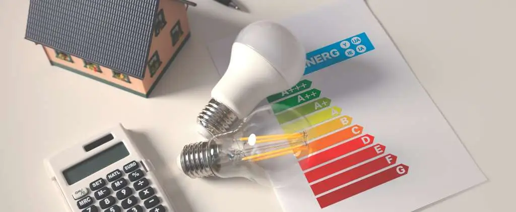 Deux ampoules, une calculatrice et un papier avec un tableau d'évaluation de l'efficacité énergétique sont placés sur une table à côté d'une petite maison modèle, soulignant l'impact des tarifs réglementés de vente d'électricité.