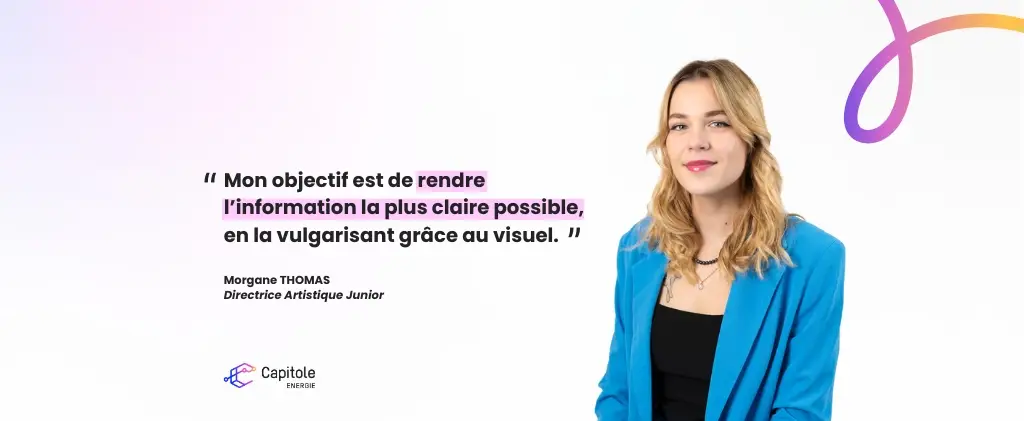 Une femme aux cheveux blonds dans un blazer bleu est assise sur un fond blanc avec des formes abstraites colorées. Le texte français à côté d'elle souligne son objectif en tant que directrice artistique junior de simplifier visuellement l'information.