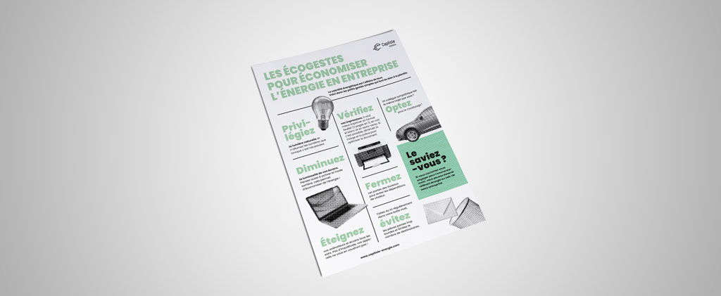 Une infographie en français présente des conseils d'économie d'énergie sous le nom d'écogeste entreprise, avec des icônes d'ampoules, d'ordinateurs et de voitures, ainsi qu'un texte vert et noir sur fond blanc.