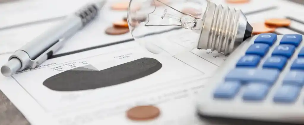 Une ampoule et une calculatrice sur une feuille de papier pour calculer l'amortisseur électricité 2024.