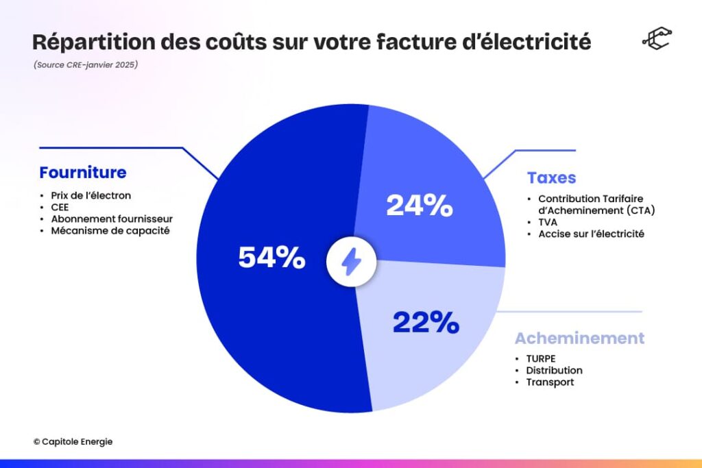 Diagramme à secteurs montrant la répartition des coûts de facturation d'électricité et de gaz en France : 54 % de fourniture, 24 % de taxes et 22 % de livraison, avec des catégories détaillées répertoriées pour chaque segment.