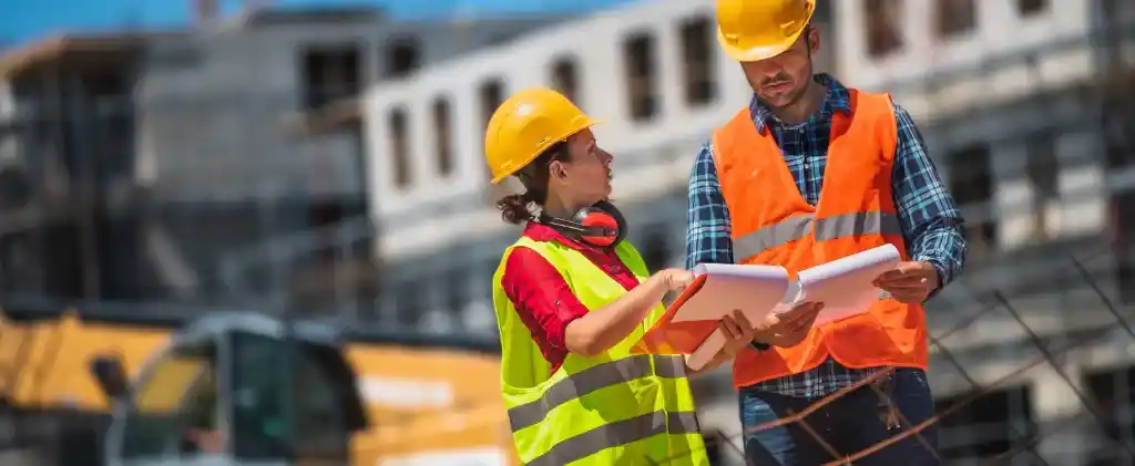 Deux ouvriers du bâtiment portant des gilets de sécurité et des casques de sécurité discutent des plans sur un chantier de construction. L'un d'entre eux, contenant un ensemble de plans de Pret Eco Energie Pro, indique une section spécifique alors qu'ils élaborent leur stratégie pour les prochaines étapes.
