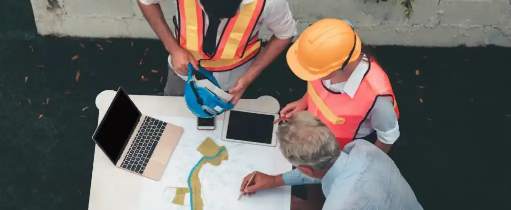 Trois personnes, portant des gilets de sécurité et des casques, sont rassemblées autour d'une table avec des ordinateurs portables et des plans, discutant d'un projet de construction destiné à permettre l'augmentation des infrastructures gazières d'ici juillet 2024.