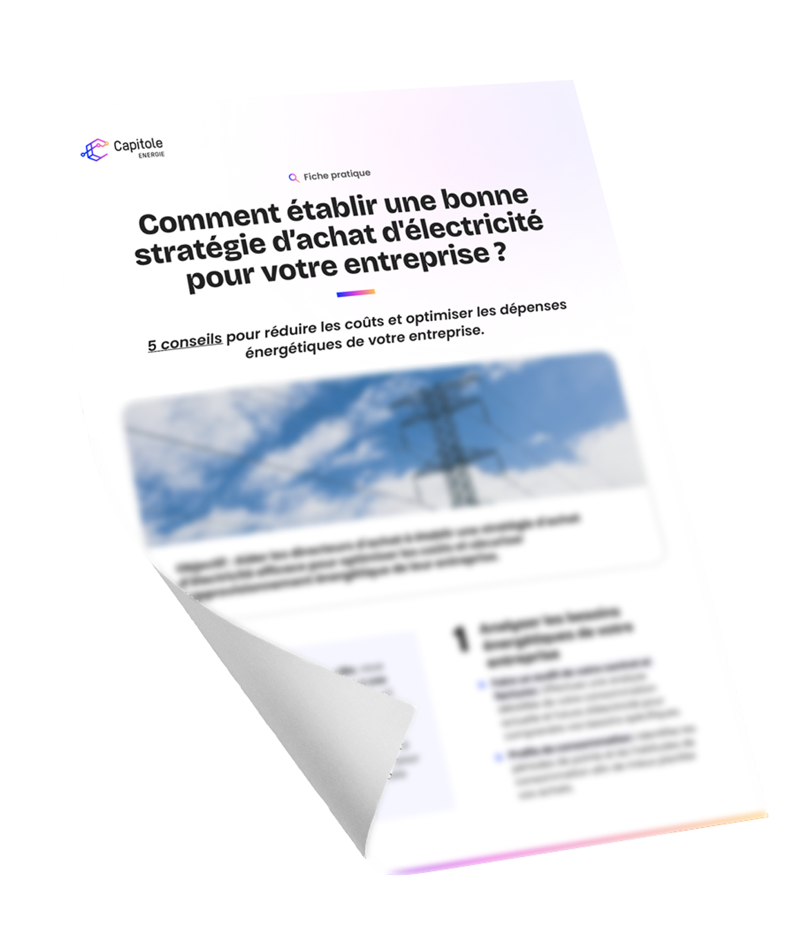 Un document plié intitulé « Comment établir une bonne stratégie d'achat d'électricité pour votre entreprise ? du Campus Capitole, avec en arrière-plan une ligne électrique sur un ciel bleu, met en valeur les avantages de l'achat groupé d'énergie.