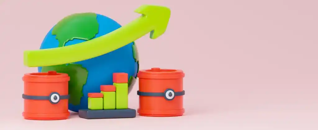 Un globe avec une flèche verte vers le haut, des barils rouges et un graphique à barres symbolisent l'augmentation des ressources ou des tendances mondiales, mettant en évidence les impacts fiscaux sur le gaz et les entreprises.