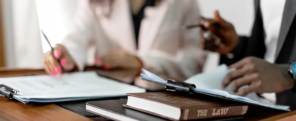 Deux personnes sont assises à une table, examinant des documents liés au projet de loi de finances 2025. Un livre de droit occupe bien en évidence au premier plan, soulignant l'importance de leur discussion.