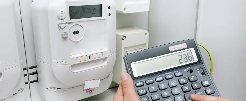 Une personne utilise une calculatrice pour vérifier la lecture d’un compteur d’électricité numérique, garantissant ainsi des calculs précis en tenant compte de la Contribution Tarifaire d’Acheminement.