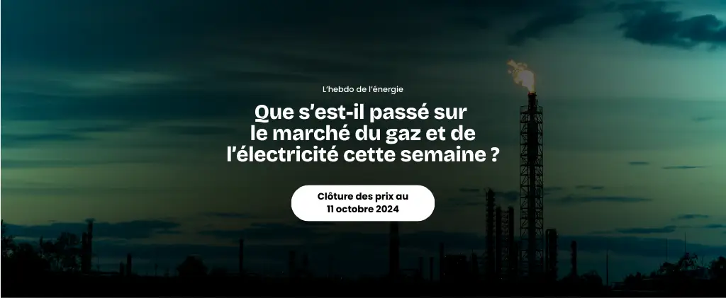 Silhouette sombre de tours industrielles sur fond de ciel vert et bleu avec texte blanc sur l'actualité du marché de l'énergie en français, daté du 11 octobre 2024.