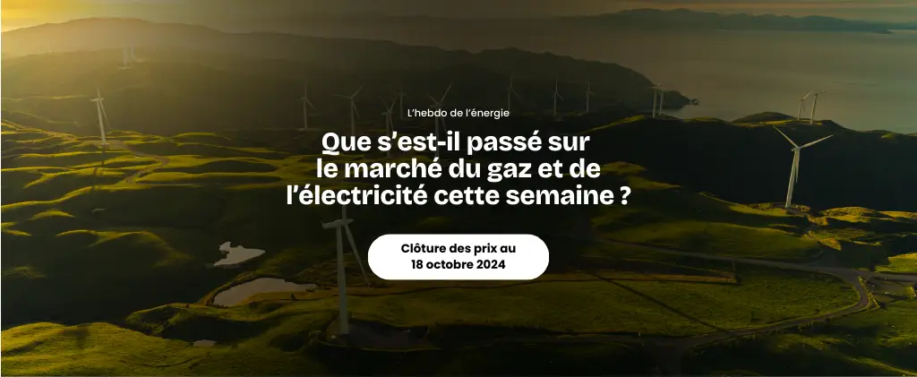 Des éoliennes parsèment un paysage verdoyant avec des montagnes majestueuses en arrière-plan. Texte en superpositions françaises, explorant l'actualité marché énergie au 18 octobre 2024, en mettant l'accent sur les tendances du gaz et de l'électricité.