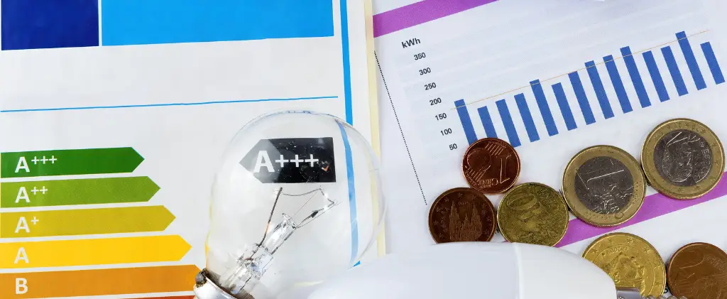 Une ampoule, présentant son indice d'efficacité énergétique, est placée à côté de graphiques et de pièces en euros sur une table, illustrant les économies de coûts réalisées grâce à une mise en service par des experts.