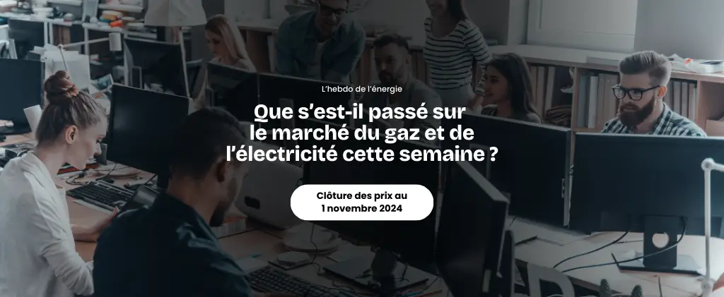 Dans un bureau, les gens travaillent avec diligence sur des ordinateurs, entourés de textes en français mettant en évidence l'actualité du marché de l'énergie. L'accent est mis sur les mises à jour des prix du gaz et de l'électricité au 1er novembre 2024.