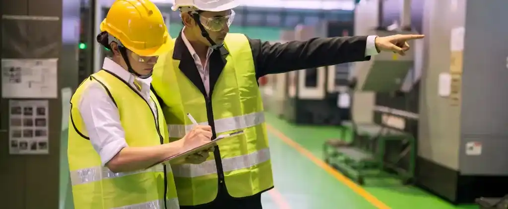 Deux ouvriers portant des gilets de sécurité jaunes et des casques se tiennent debout dans un environnement industriel, effectuant un audit énergétique d'entreprise. L'un prend des notes sur un presse-papiers, tandis que l'autre pointe du doigt vers l'avant, s'assurant que les protocoles d'efficacité énergétique sont respectés.