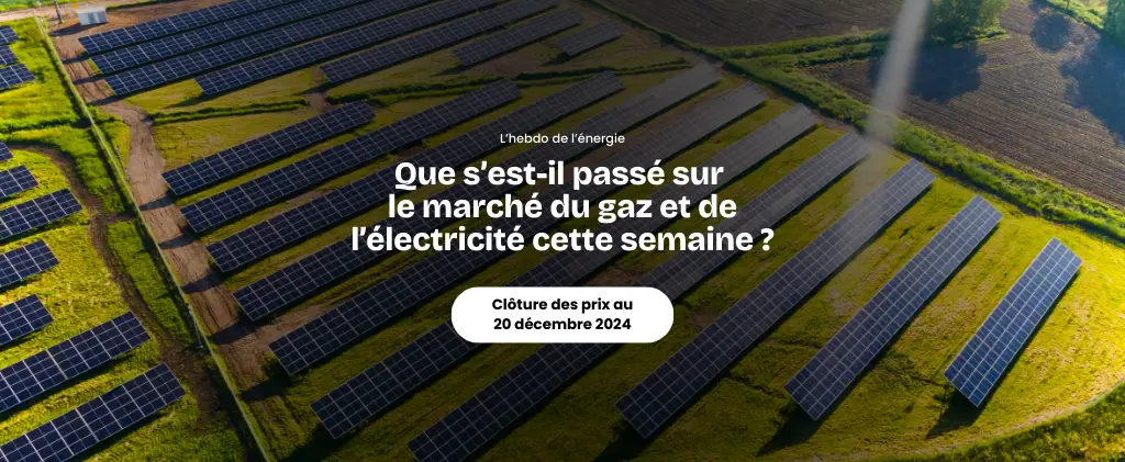 Vue aérienne d'une ferme solaire avec texte superposé en français discutant de l'actualité marché énergie et de la clôture des prix le 20 décembre 2024.