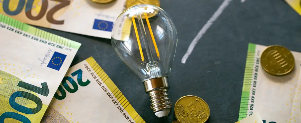 Une ampoule éclaire une dispersion de billets et de pièces en euros, laissant entrevoir l'innovation pour Arenh 2025.