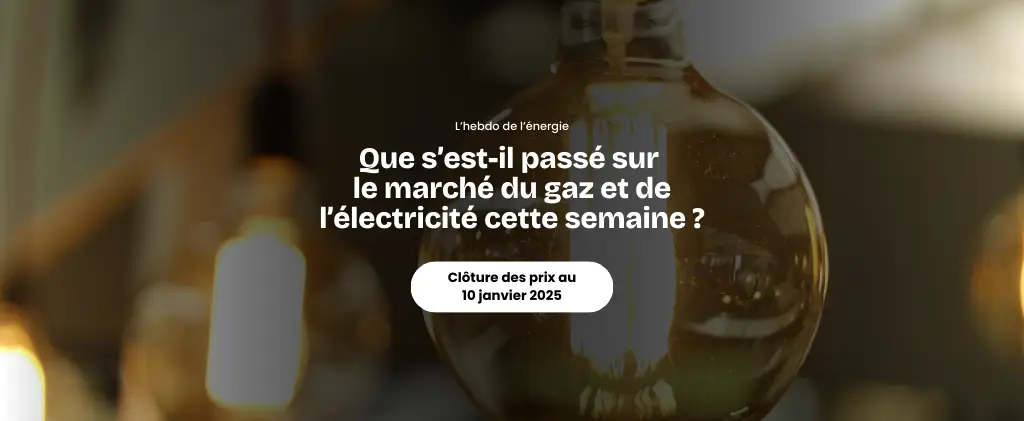 Gros plan sur des ampoules lumineuses avec un texte sur « l'actualité marché énergie » et la clôture des prix le 10 janvier 2025.