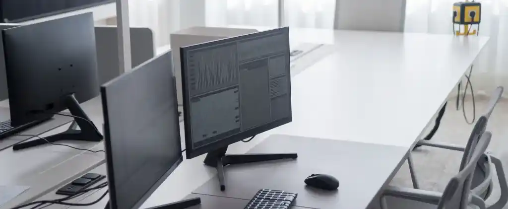 Un bureau moderne avec trois écrans d'ordinateur, un clavier et une souris sur un bureau blanc. Un écran affiche des graphiques et des diagrammes relatifs à la consommation d'énergie des bureaux.