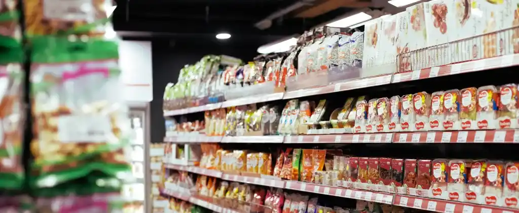 Une allée d'épicerie regorgeant de snacks emballés de façon colorée, comme des chips et des produits en boîte. Sous l'éclairage fluorescent, la scène vibre de l'énergie du commerce, et une section floue d'une autre allée est visible en arrière-plan.