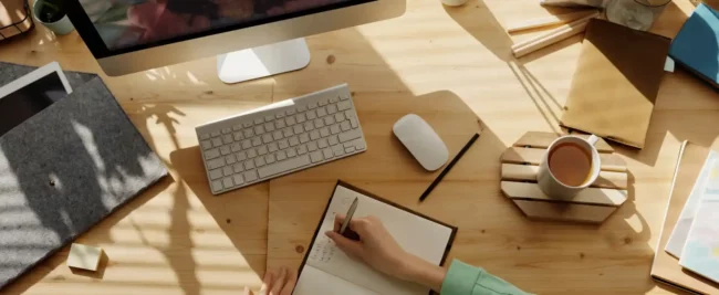 Une personne prend des notes dans un carnet sur un bureau en bois, équipé d'un ordinateur, d'un clavier, d'une souris et d'une tasse de thé. Divers articles de papeterie sont soigneusement disposés. La lumière du soleil filtre, projetant des ombres qui font écho aux principes de la norme ISO 26000 autour de l'espace de travail.