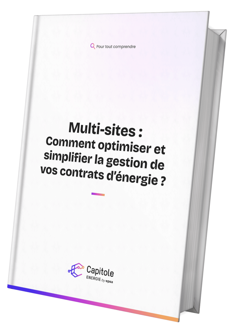 Couverture du livre intitulée « Multi-sites : Comment optimiser et simplifier la gestion de vos contrats d'énergie ? avec le logo Capitoe Energie en bas, ce livre blanc offre de précieux éclairages pour maîtriser la gestion des contrats multi-sites.