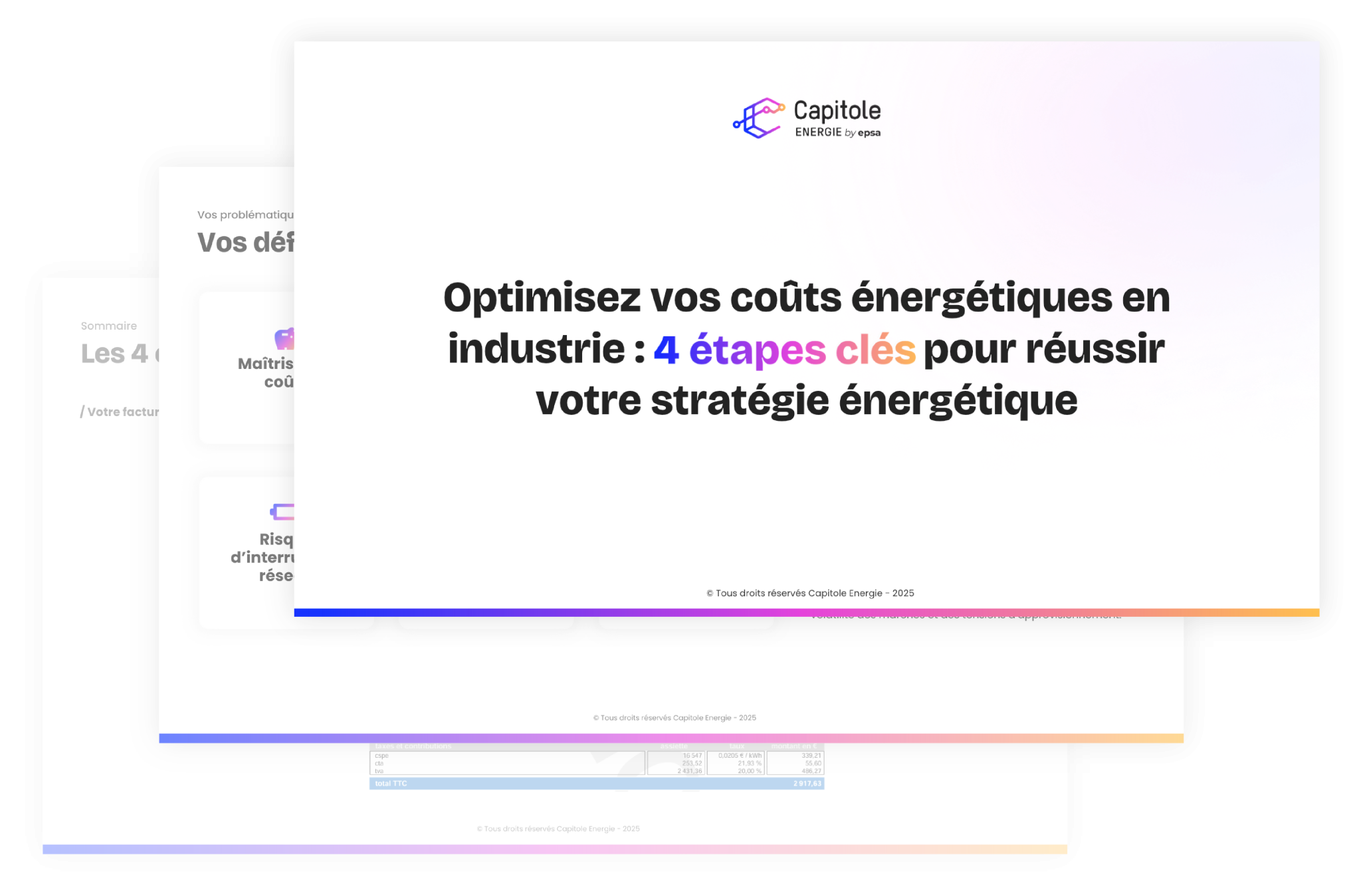 Diapositive de présentation avec texte en français : « Optimisez vos coûts énergétiques en industrie : 4 étapes clés pour réussir votre stratégie énergétique », par Capitole Energie. Rejoignez notre masterclass pour une compréhension approfondie de ces stratégies.