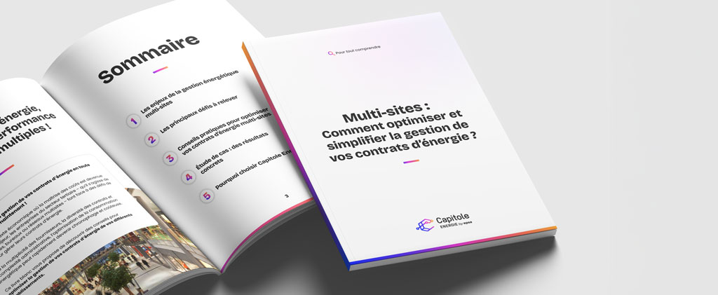 Deux brochures ouvertes en français - un livre blanc contrat multi-site avec une couverture sur l'optimisation et la simplification de la gestion des contrats d'énergie multi-sites, et une page intérieure présentant une table des matières numérotée.