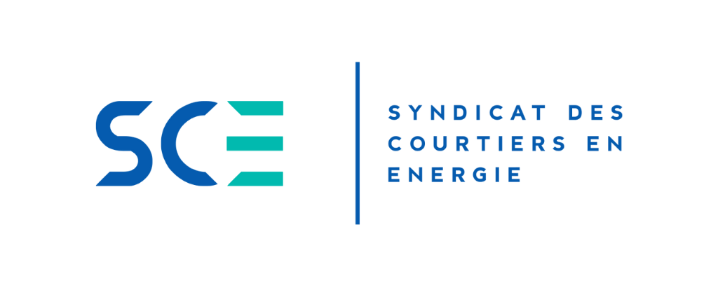 Logo du Syndicat des Courtiers en Energie comportant les initiales « SCE » en bleu et vert à côté du nom complet de l'organisation en texte bleu.