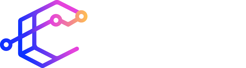 Logo abstrait avec une forme angulaire et deux lignes se terminant par des points, colorées dans un dégradé de bleu, violet et orange.