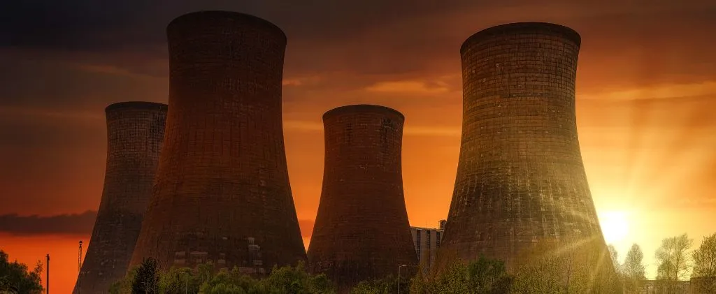 Quatre grandes tours de refroidissement industrielles, faisant partie d'une installation CAPN, se dressent sur un ciel couchant, le soleil partiellement visible derrière elles et des arbres au premier plan.