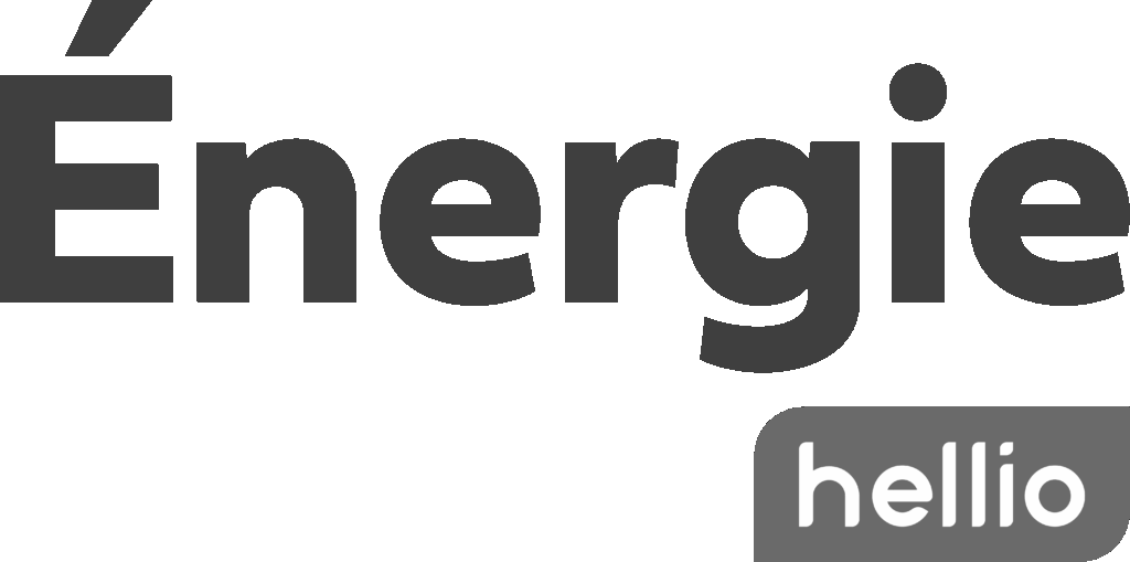 Le mot « Énergie » en grosses lettres noires avec un rectangle arrondi gris en bas à droite contenant le mot « hellio » en lettres minuscules blanches, provenant de la Bibliothèque d'assets.