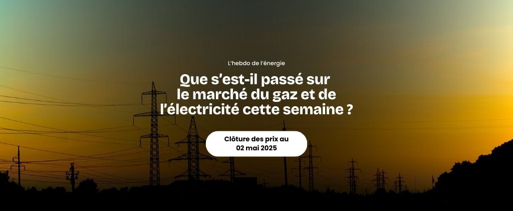 Des lignes électriques et des pylônes se découpent sur un ciel au coucher du soleil, illustrant l’actualité du marché de l’énergie en avril 2025, avec un texte sur la clôture des prix au 2 mai 2025.