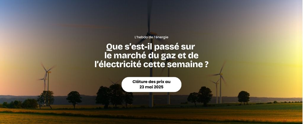 Un paysage rural avec des éoliennes au coucher du soleil, superposé à un texte français sur l’actualité marché énergie mai 2025, discutant des événements récents sur les marchés du gaz et de l’électricité et daté du 23 mai 2025.