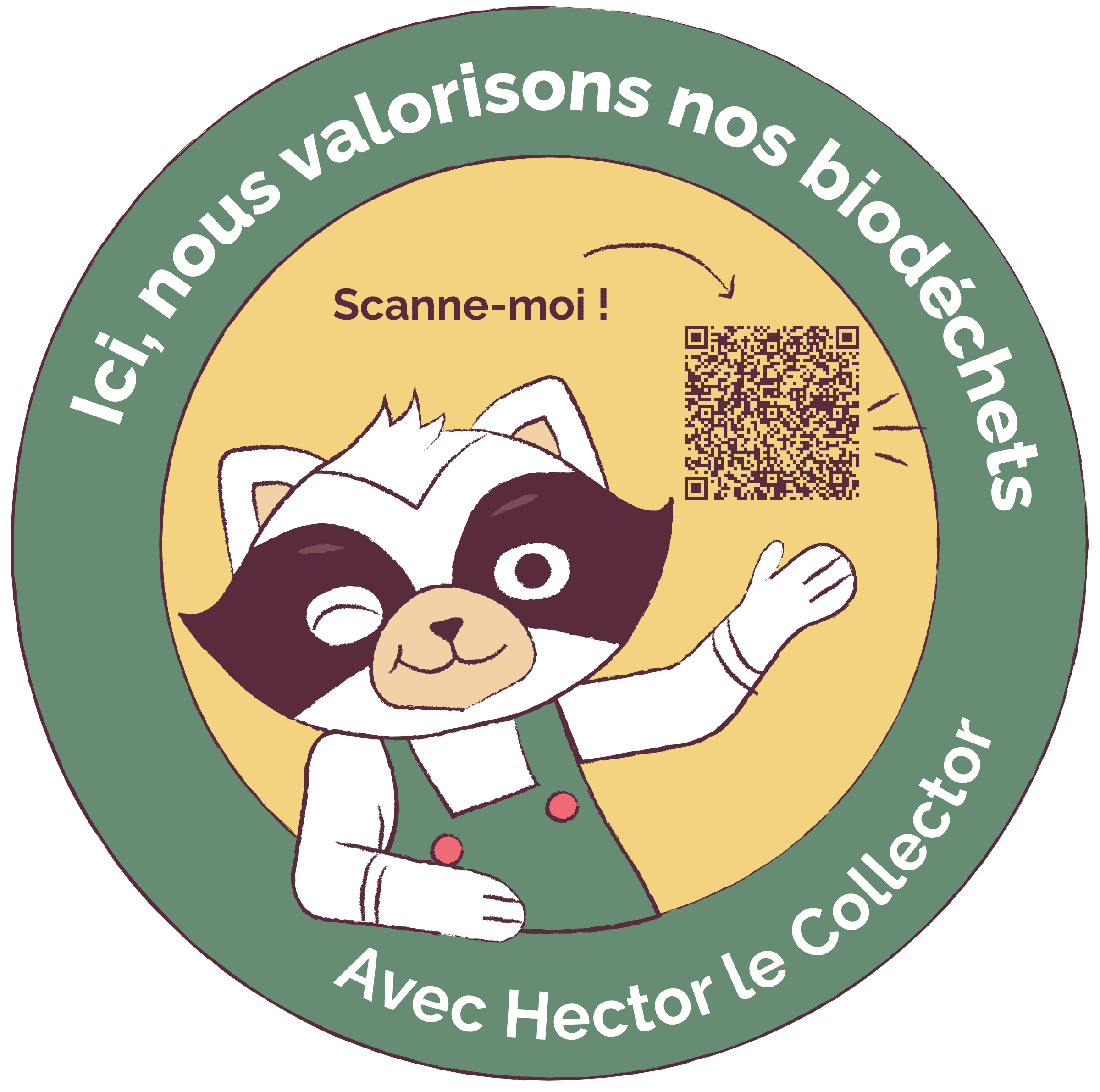 Une mascotte de raton laveur de dessin animé fait un clin d'œil et pointe du doigt un code QR, entouré d'un texte français sur la collecte de biodéchets professionnels avec Hector le Collector.