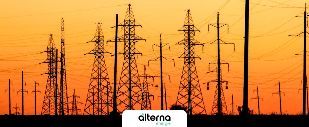 Plusieurs pylônes de transmission d'électricité et lignes électriques se découpent sur un ciel orange au coucher du soleil, avec les logos « alterna energie » et « mint energie » en bas.