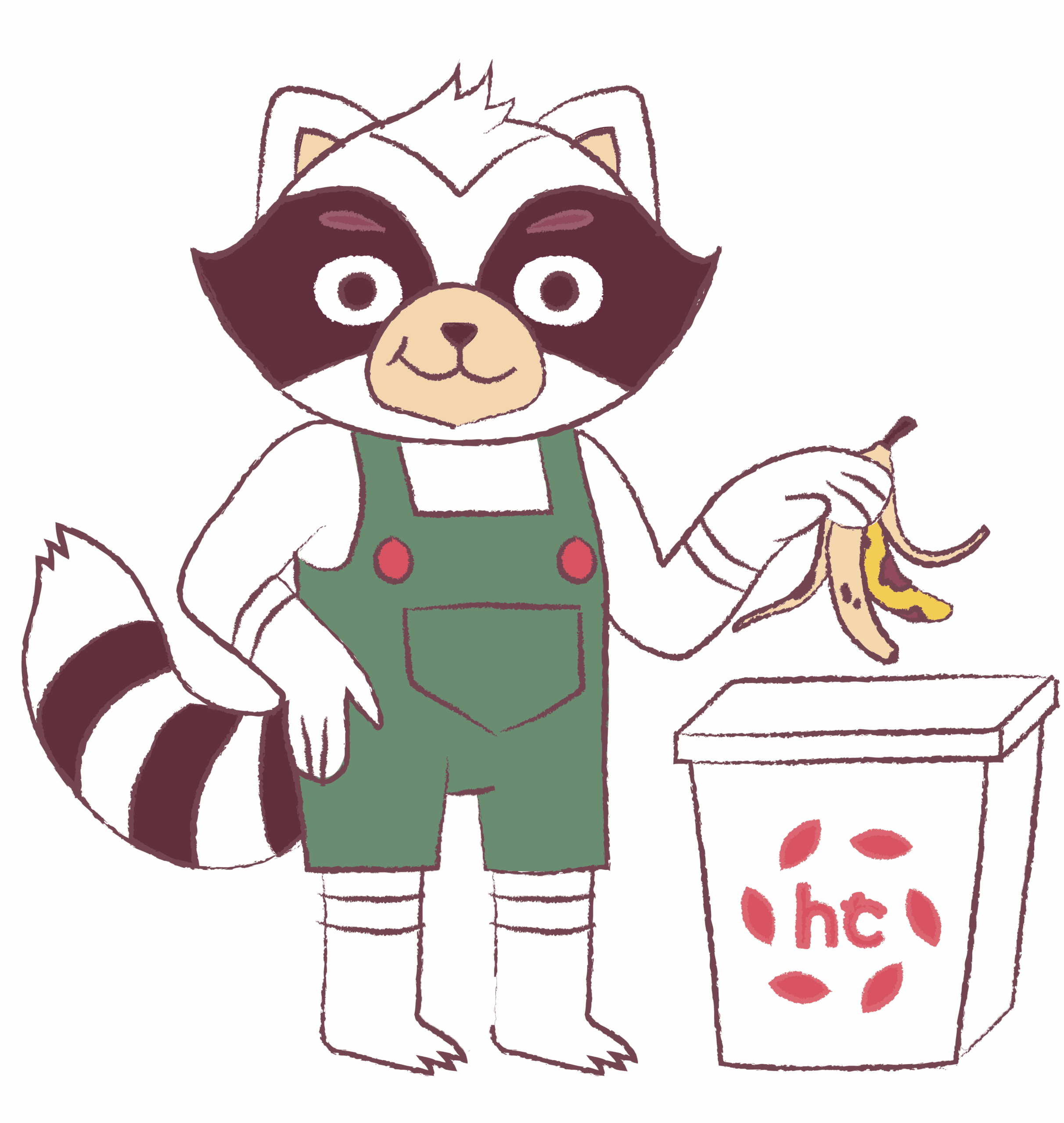 Illustration d'un raton laveur en salopette verte tenant une peau de banane au-dessus d'une poubelle étiquetée « hc », soulignant l'importance de la collecte de biodéchets professionnels.
