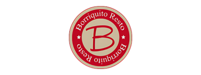 Un logo rond avec un grand « B » au centre et les mots « Borriquito Resto » écrits autour dans un motif circulaire sur un fond rouge et beige.