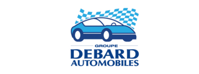 Logo de Debard Automobiles représentant une voiture bleue stylisée avec des formes géométriques au-dessus et le nom de l'entreprise écrit en dessous.