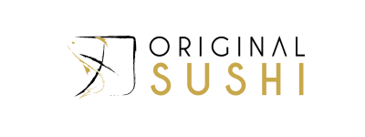 Lettre dorée « S » stylisée comme un poisson à côté du mot « SUSHI » en lettres majuscules dorées sur fond noir.