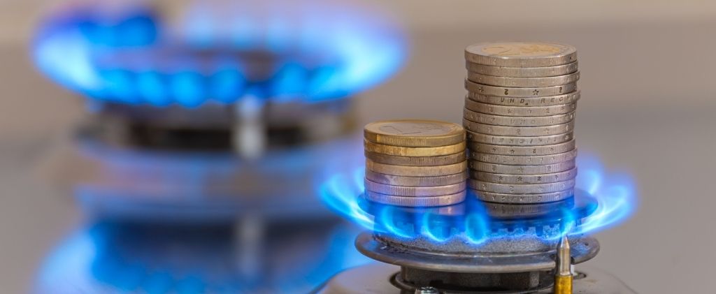 Deux réchauds à gaz sont allumés, avec des piles de pièces de monnaie sur l'un des réchauds, symbolisant l'augmentation du prix du gaz - faisant allusion à des problèmes tels que la corrosion du Nucléaire à Civaux ayant un impact sur les coûts de l'énergie.