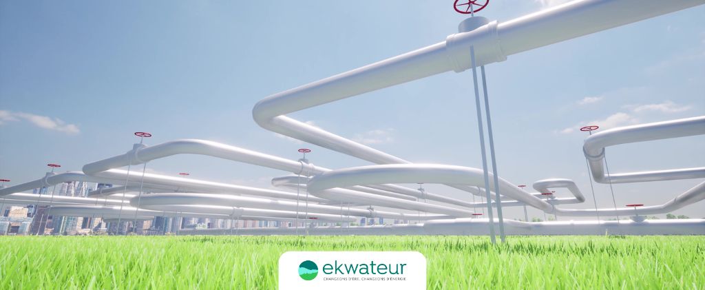 Un réseau de grands pipelines blancs avec des vannes rouges, faisant partie de l'infrastructure d'ekwateur pro, court au-dessus de l'herbe verte, avec un horizon urbain visible à l'arrière-plan et un ciel bleu clair au-dessus de la tête.