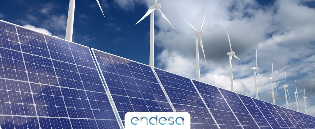 Rangées de panneaux solaires et d'éoliennes sous un ciel partiellement nuageux, avec le logo Endesa Pro visible au premier plan.