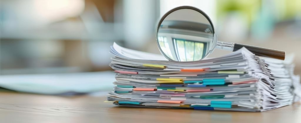 Une loupe repose sur une grande pile de documents papier, organisés avec des trombones de couleur.