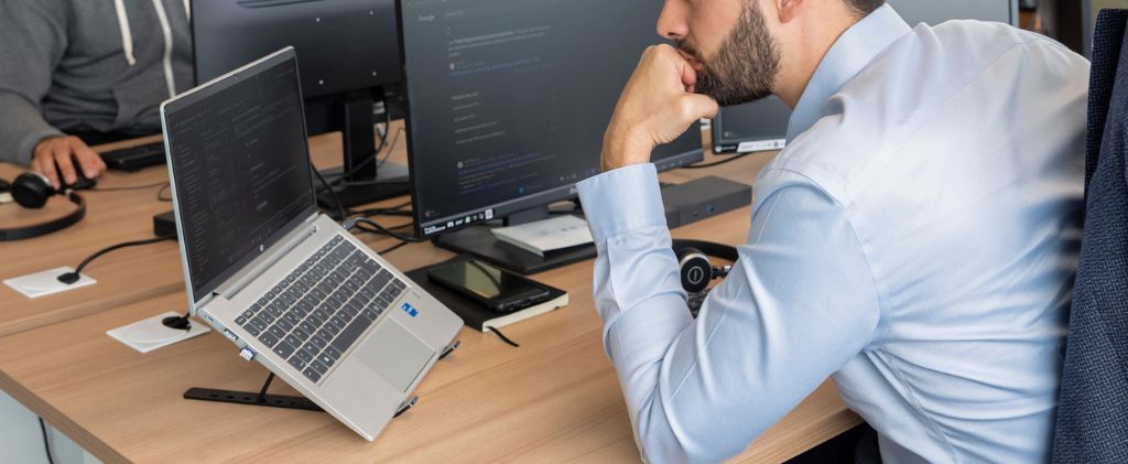 Un homme en chemise est assis à un bureau, regardant un code sur un ordinateur portable et un écran au cours d'une réunion sociale, avec du matériel de bureau et une autre personne visible à l'arrière-plan.
