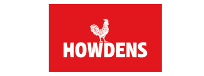Logo rouge avec un coq blanc au-dessus du texte en gras blanc