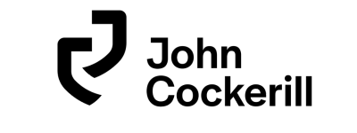 Le logo de John Cockerill comporte un symbole noir abstrait et audacieux à gauche du nom de l'entreprise en texte noir sur fond clair.