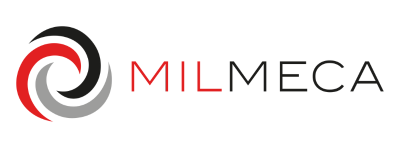 Logo MILMECA avec un tourbillon circulaire en noir, rouge et gris à gauche du nom de l'entreprise en lettres majuscules noires et rouges sur fond clair.