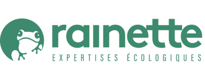 Logo de Rainette Expertises Écologiques représentant une simple icône de grenouille verte à l'intérieur d'un cercle, avec le nom et le slogan de la société en texte vert.