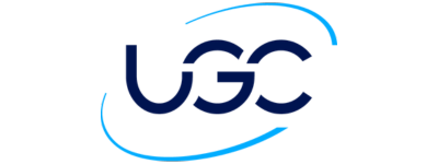 L'image montre le logo de l'UGC avec des lettres stylisées bleu foncé et deux lignes courbes bleues entourant le texte.