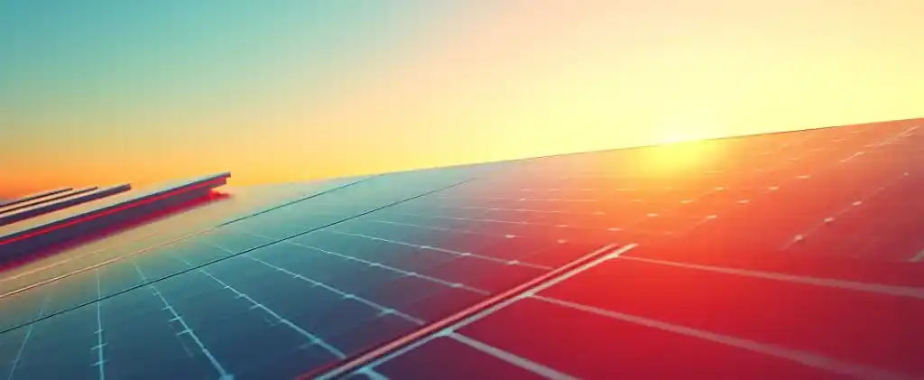 Des rangées de panneaux solaires reflètent la lumière du soleil au lever ou au coucher du soleil, mettant en valeur la technologie d'énergie renouvelable d'EDF ENR dans un ciel clair.