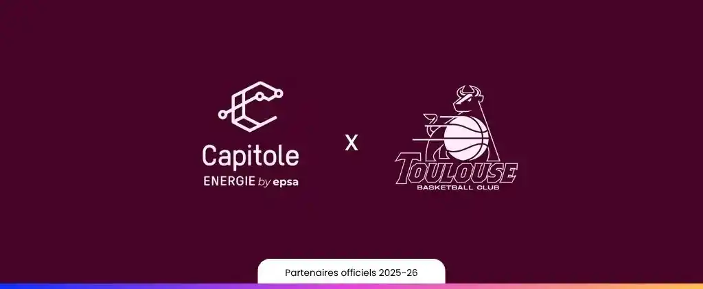 Logos Capitole Energie et Toulouse Basketball Club sur fond bordeaux, annonçant qu'ils sont partenaires Toulouse Basket Club 2025 pour la saison 2025-26.