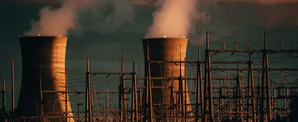 Deux grandes tours de refroidissement émettent de la vapeur derrière un réseau de lignes électriques et d'infrastructures électriques sous un ciel maussade, capturant l'impact du versement nucléaire universel sur le paysage énergétique moderne.